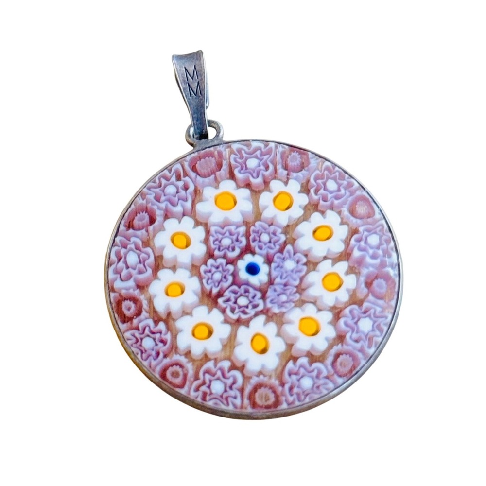 Moretti Murano Millefiori Pendant Charm Millefiori Pink Daisies Sterling Silver